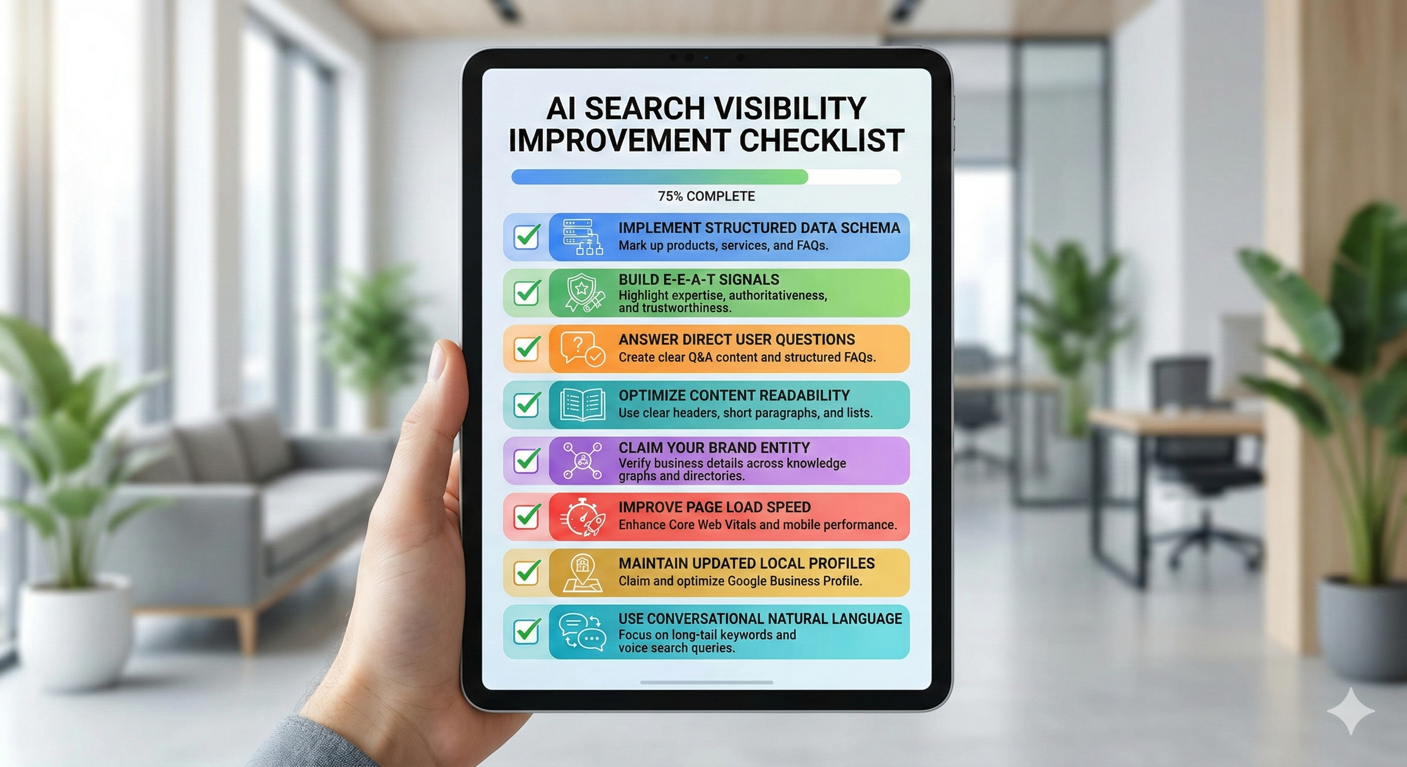 A checklist-style visual representing AI search visibility improvements for a business website